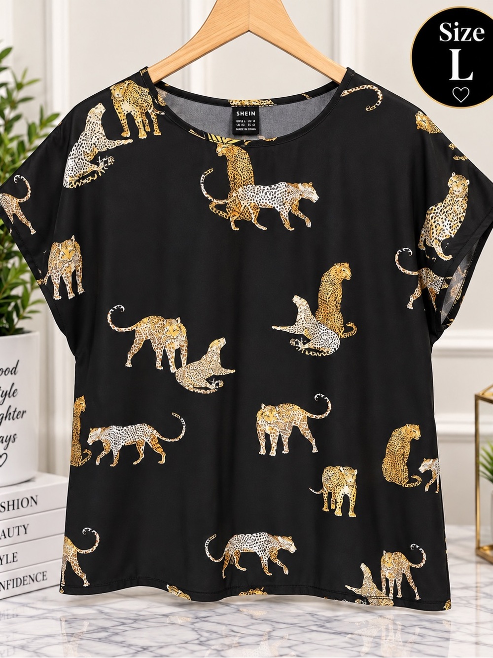 Black Short Sleeve Top with Gold Leopard Motif